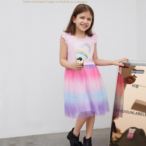 2022 European And American Style Girls Short Sleeve Dress Summer Cartoon Colored Yarn Princess Dress